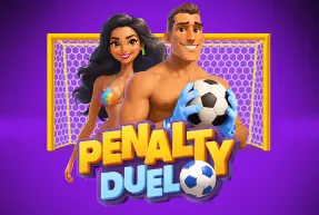 A cartoon man and woman are in front of a soccer goal. The man is holding a soccer ball, and the game's title 'Penalty Duel' is in the foreground.